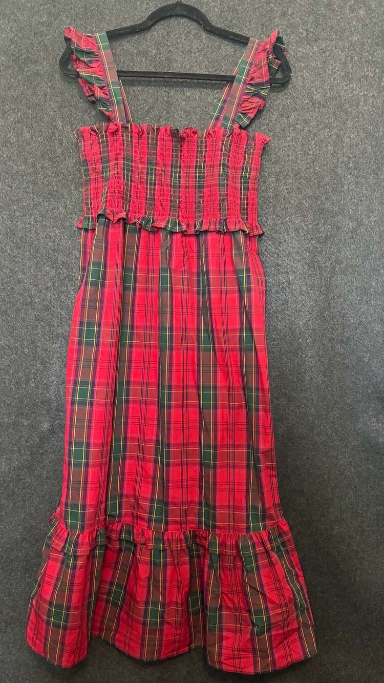 Nicole Miller New York Red Plaid Smocked Tiered Midi Dress